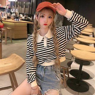 Polo-neck Striped Cropped Pullover