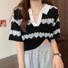 Short-sleeve Collar Heart Print Knit Crop Top