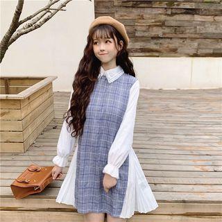 Long-sleeve Plaid Panel Lace Collar Dress