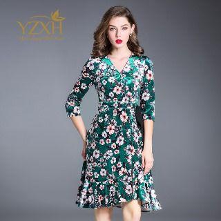 3/4-sleeve Ruffle Hem Floral Dress