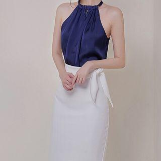 Set: Plain Sleeveless Top + Tie-waist Pencil Skirt