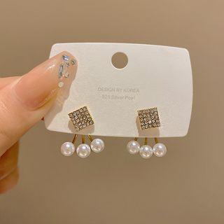 Square Rhinestone Faux Pearl Swing Earring E5127 - 1 Pair - Gold - One Size