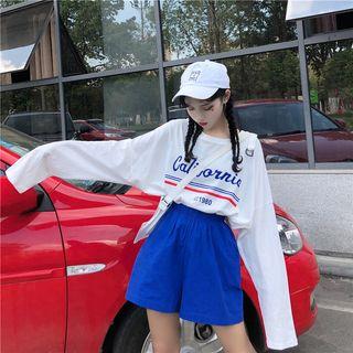 Long-sleeve Lettering T-shirt / Wide Leg Shorts