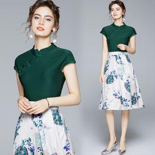Set: Cap-sleeve Buttoned Top + Print Skirt