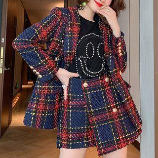 Set: Plaid Tweed Blazer + Mini A-line Skort