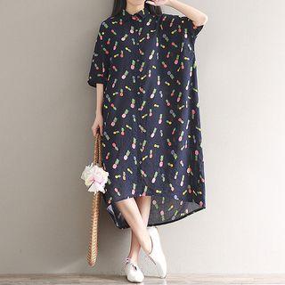 Pineapple Print Elbow-sleeve Midi Shirt Dress