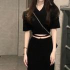 Short-sleeve V-neck Crop Top / Midi Skirt