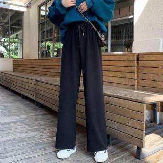 Plain High-waist Drawstring Wide-leg Pants