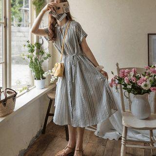Raglan Rollup Stripe Long Dress With Sash Ivory - One Size