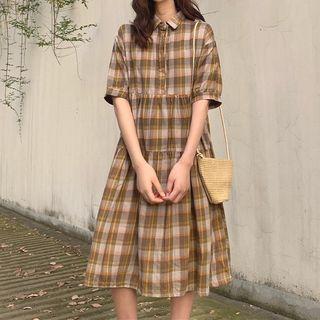 Plaid Short-sleeve Shirtdress Plaid - One Size