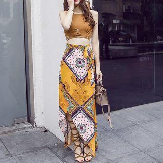 Set: Cropped Halter Top + Patterned Maxi Skirt