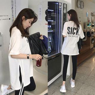 Set: Lettering Elbow-sleeve T-shirt + Contrast Trim Leggings