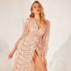 Sequin Tie-waist Long-sleeve Midi A-line Dress