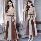 Set: Bow Accent Double-breasted Elbow-sleeve Blazer + Two-tone Mesh Midi A-line Skirt