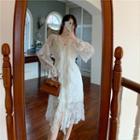 Long-sleeve Lace Slit Midi Dress