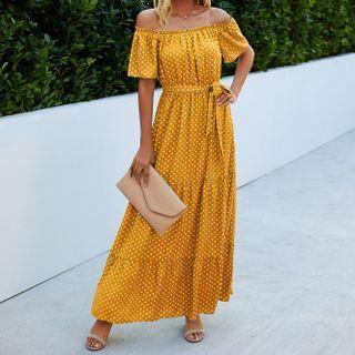 Short-sleeve Off-shoulder Dotted Tiered Maxi A-line Dress