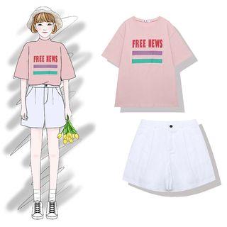 Lettering Short-sleeve T-shirt / High Waist Wide-leg Shorts