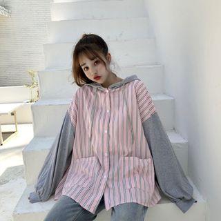 Striped Shirt External Wide Hooded Mock Two-piece Medium Long Top