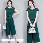 Set: Cap-sleeve Top + Buckled Wide-leg Pants