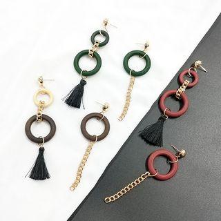 Non-matching Wooden Hoop Tassel Chain Dangle Earring