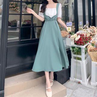 Mock Two-piece Short-sleeve Square-neck Midi A-line Dress