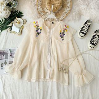 Long-sleeve Embroidered Wide Collar Shirt Almond - One Size