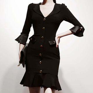 Buttoned Bell-sleeve Ruffle Hem Mini Sheath Dress