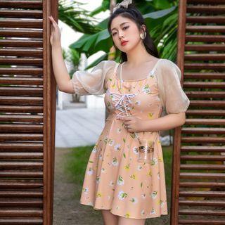 Short Sleeve Two Tone Floral Print Lace-up Swimdress