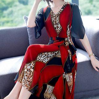 Leopard Print Panel Elbow-sleeve A-line Dress