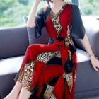 Leopard Print Panel Elbow-sleeve A-line Dress