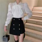 Tie-neck Lace Trim Blouse / Double-breasted Mini Pencil Skirt