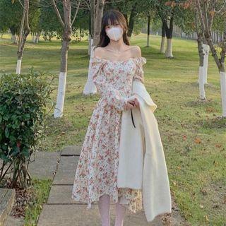Long-sleeve Off-shoulder Floral Print Midi A-line Dress / Long Cardigan