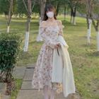 Long-sleeve Off-shoulder Floral Print Midi A-line Dress / Long Cardigan
