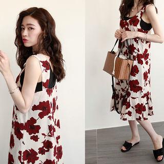 Ruffle-hem Floral Midi Pinafore Dress