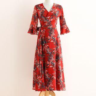 Printed Tie-waist Bell Elbow-sleeve Midi A-line Dress