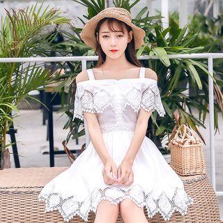 Short-sleeve Cold-shoulder Lace-trim Mini A-line Dress