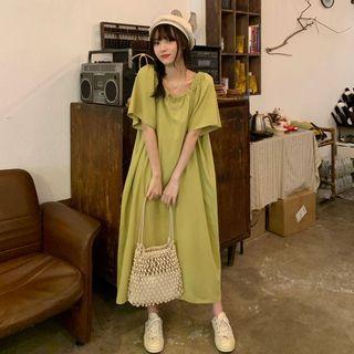 Short-sleeve Square-neck Midi Shift Dress Mustard Green - One Size