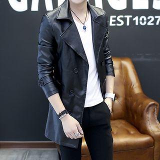 Faux-leather Notched-lapel Double-breasted Coat