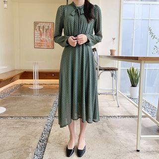 Tie-neck Dot Chiffon Long Dress