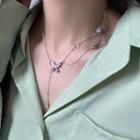 Butterfly Rhinestone Pendant Alloy Necklace Zircon & Butterfly Necklace - Silver - One Size
