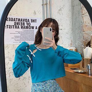 Plain Long-sleeved Top Blue - One Size