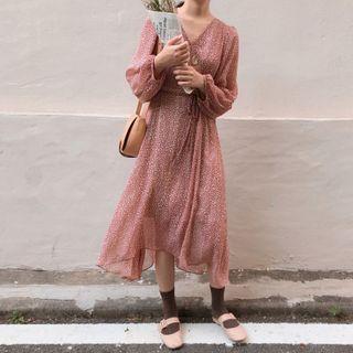 Lantern-sleeve Fv-neck Floral Dress Red - One Size