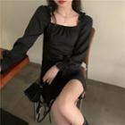 Bell-sleeve Square Neck Drawstring Slim Fit Dress