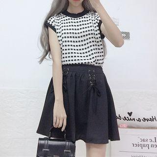 Contrast Trim Cap Sleeve Pattern Top/lace-up Skort
