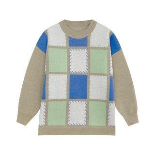 Checker Print Sweater Checker - Blue & Green & Camel - One Size