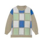 Checker Print Sweater Checker - Blue & Green & Camel - One Size