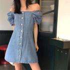 Balloon-sleeve Cold-shoulder Denim Mini Dress