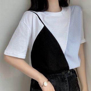 Mock-two Piece Stripe Short Sleeve T-shirt