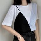 Mock-two Piece Stripe Short Sleeve T-shirt