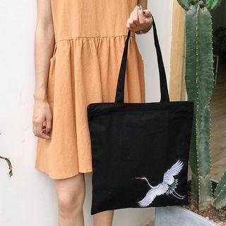 Crane Embroidered Canvas Tote Bag